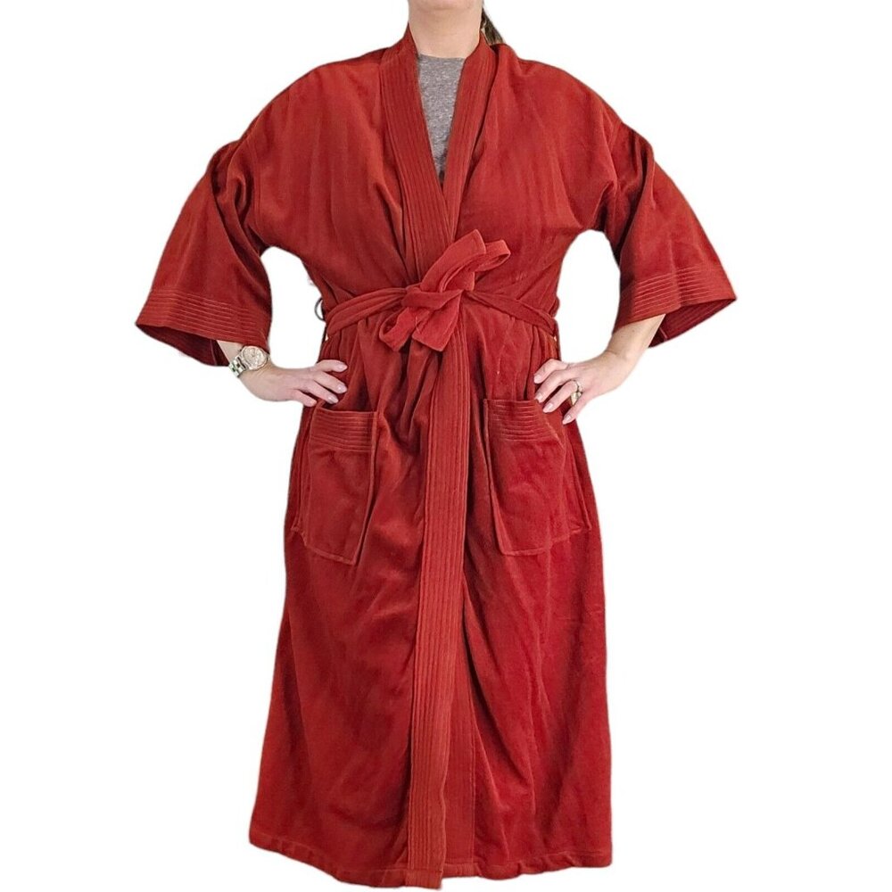Retro 70s Mens Robe Rust Orange Mid-Length M/L Acetate Belted Midi Below Knees